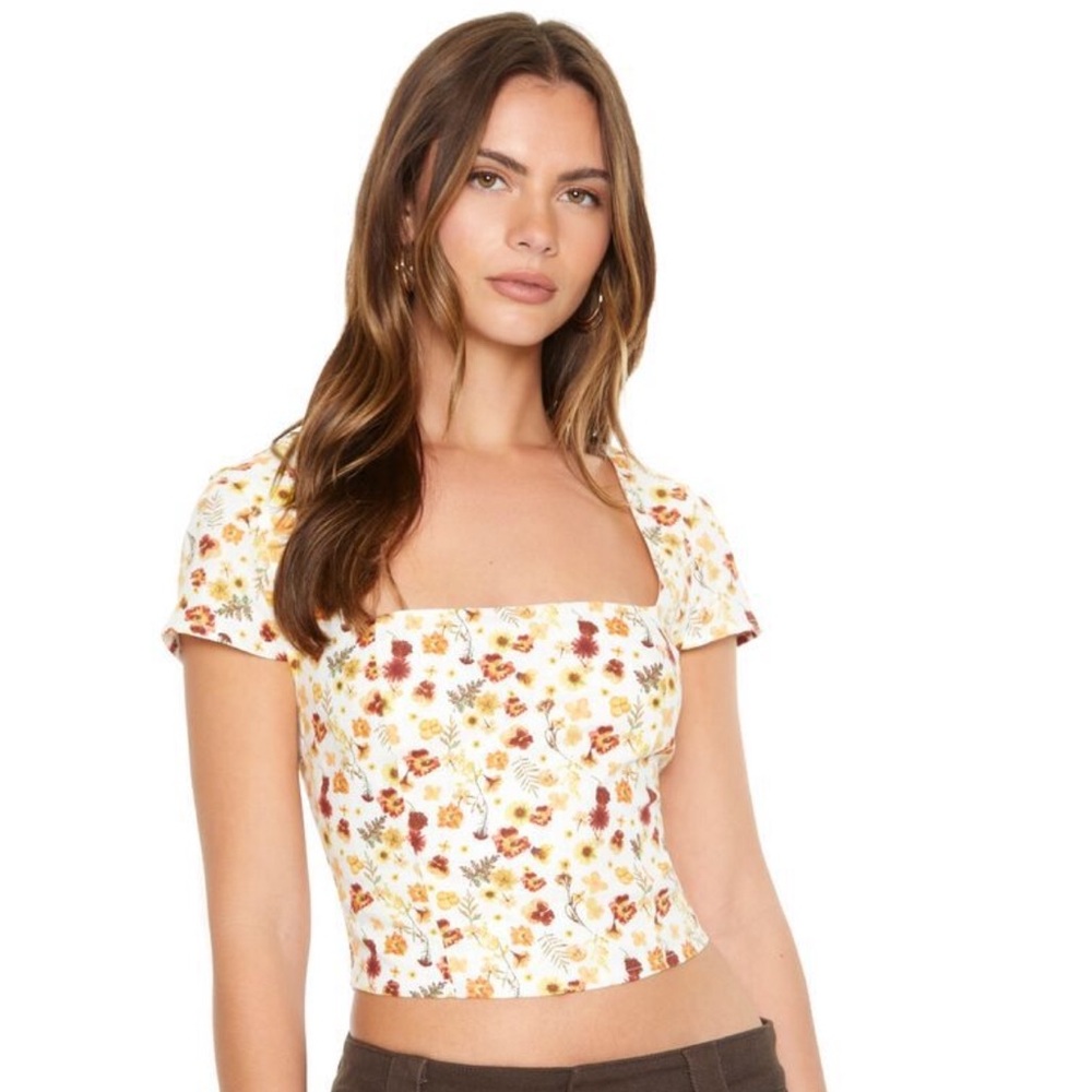NWT Floral Print Cutout Crop Top Sz S - Cream/Off White